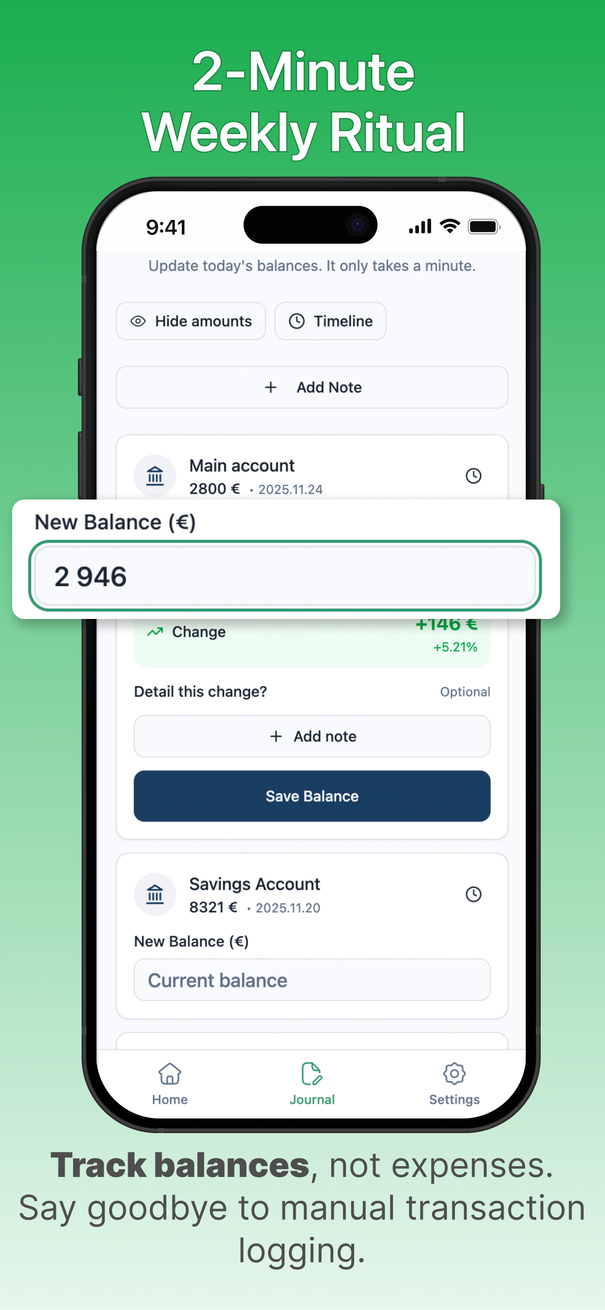 Calm Wealth Journey - Journal view for updating assets